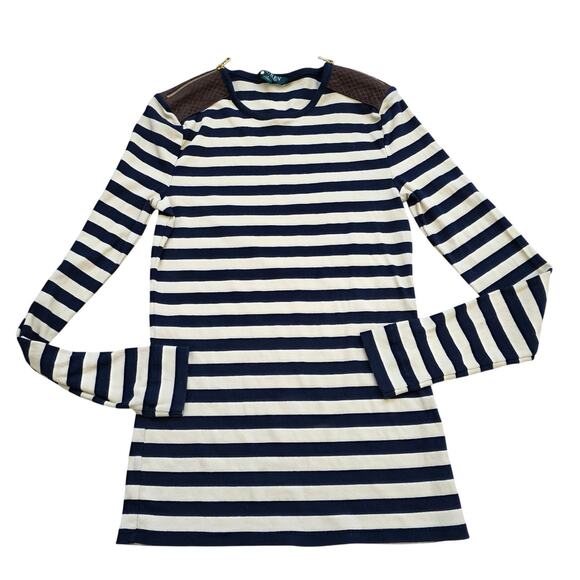 Lauren | Ralph Lauren Blue Cream Striped Long Sleeve sz Small Leather Shoulder - Picture 1 of 5